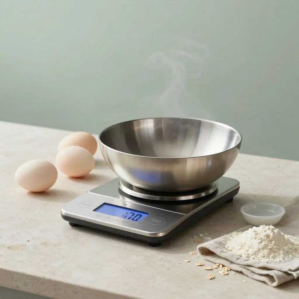 Balanza de cocina de acero con cuenco, huevos, harina y lino en una encimera luminosa.