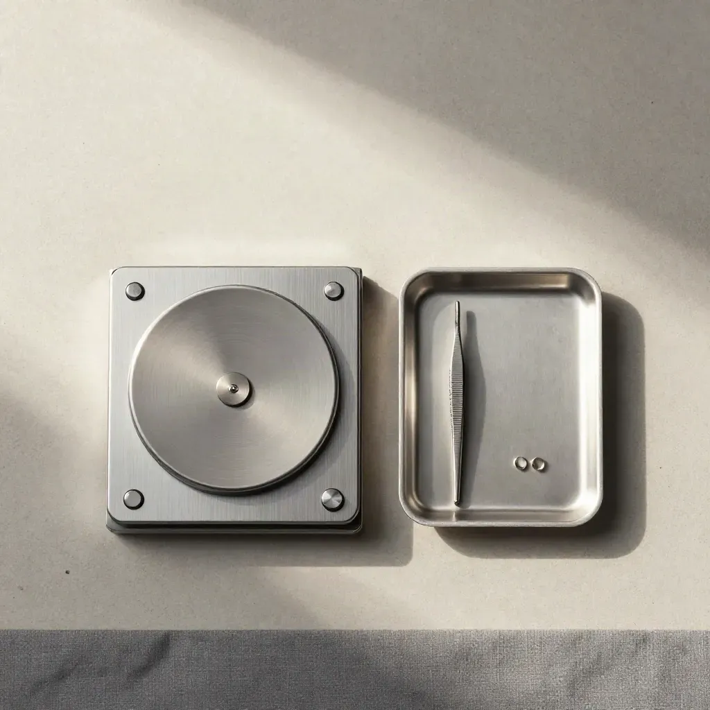 Vista cenital de una balanza de precisión de aluminio con pinzas, minipesa y bandeja de joyería.