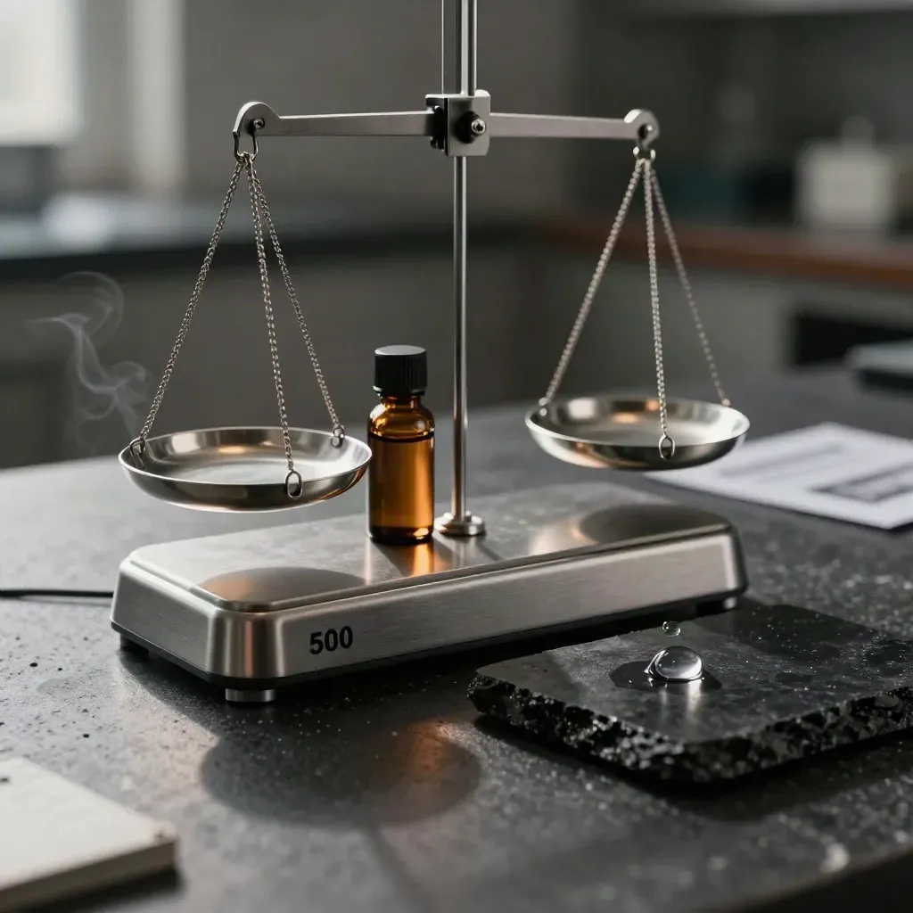 Balanza de laboratorio de vidrio y acero con frasco ámbar y gota temblando sobre piedra oscura.