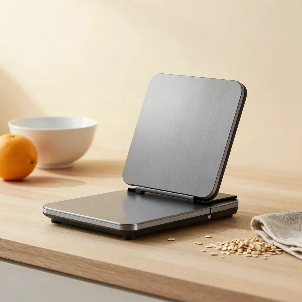 Báscula de cocina plegable medio abierta junto a un cuenco, un cítrico y una servilleta de lino.