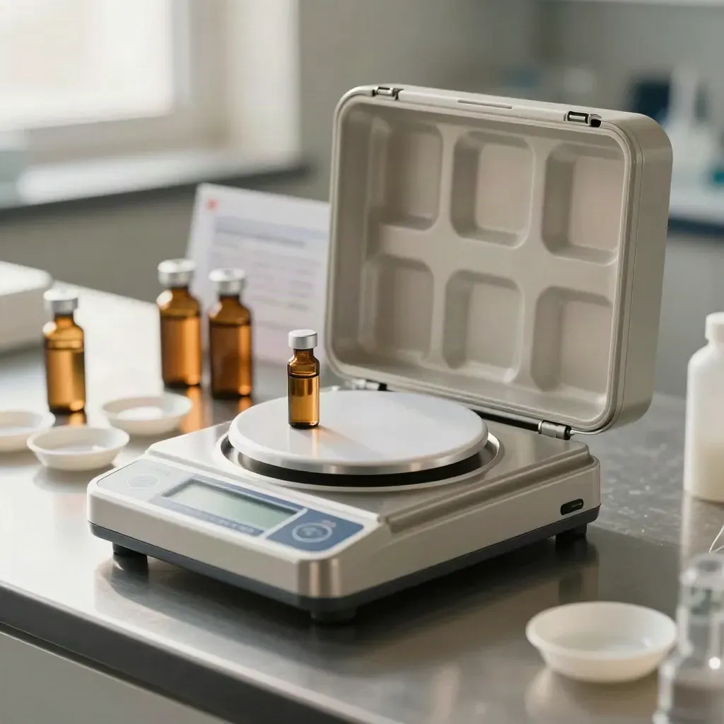 Kit de laboratorio con balanza de precisión, viales ámbar y cajas neutras sobre acero.