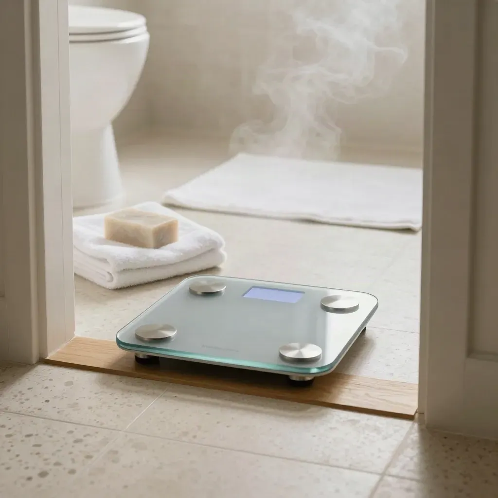 Báscula de baño de vidrio ahumado en baño con vapor, toalla blanca y piedra de jabón.