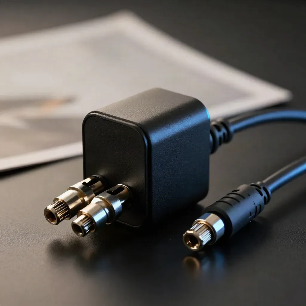 Adaptador de corriente 12V con cable enrollado y conectores sobre fondo oscuro de estudio