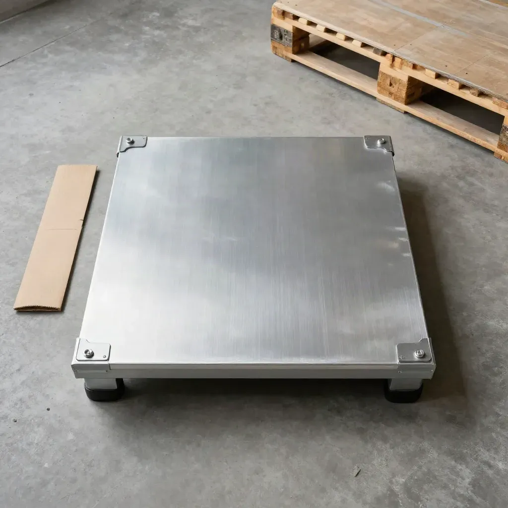 Plataforma de pesaje de aluminio con accesorios junto a un palé, vista cenital.