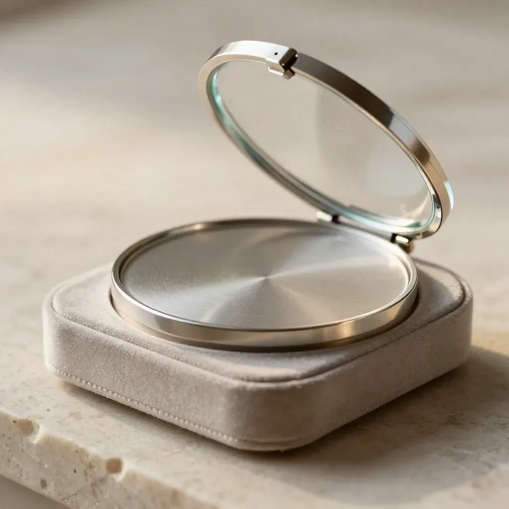 Balanza de joyería abierta sobre terciopelo neutro, con base de aluminio y tapa transparente.