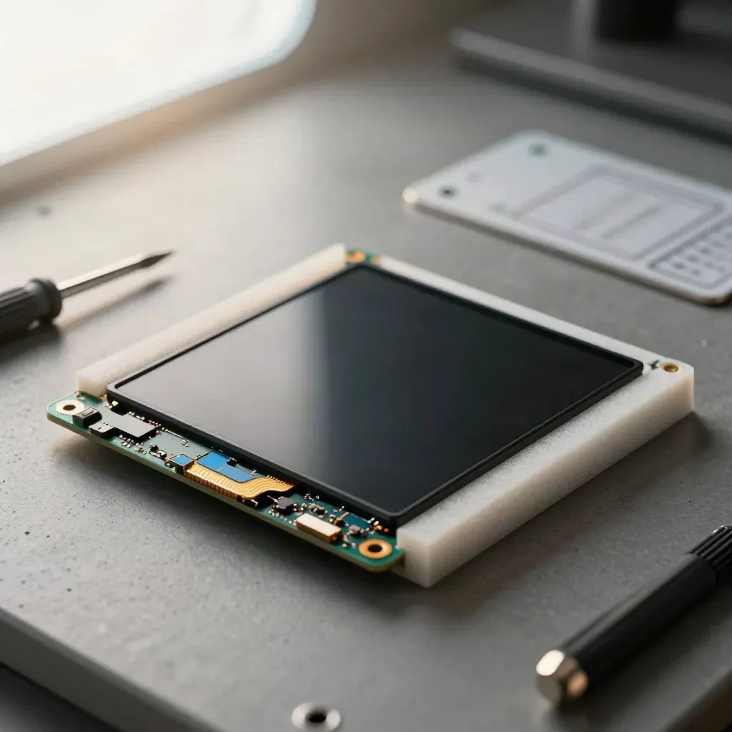 Recambio de pantalla LCD con flex, espuma antiestática y destornillador sobre mesa técnica.