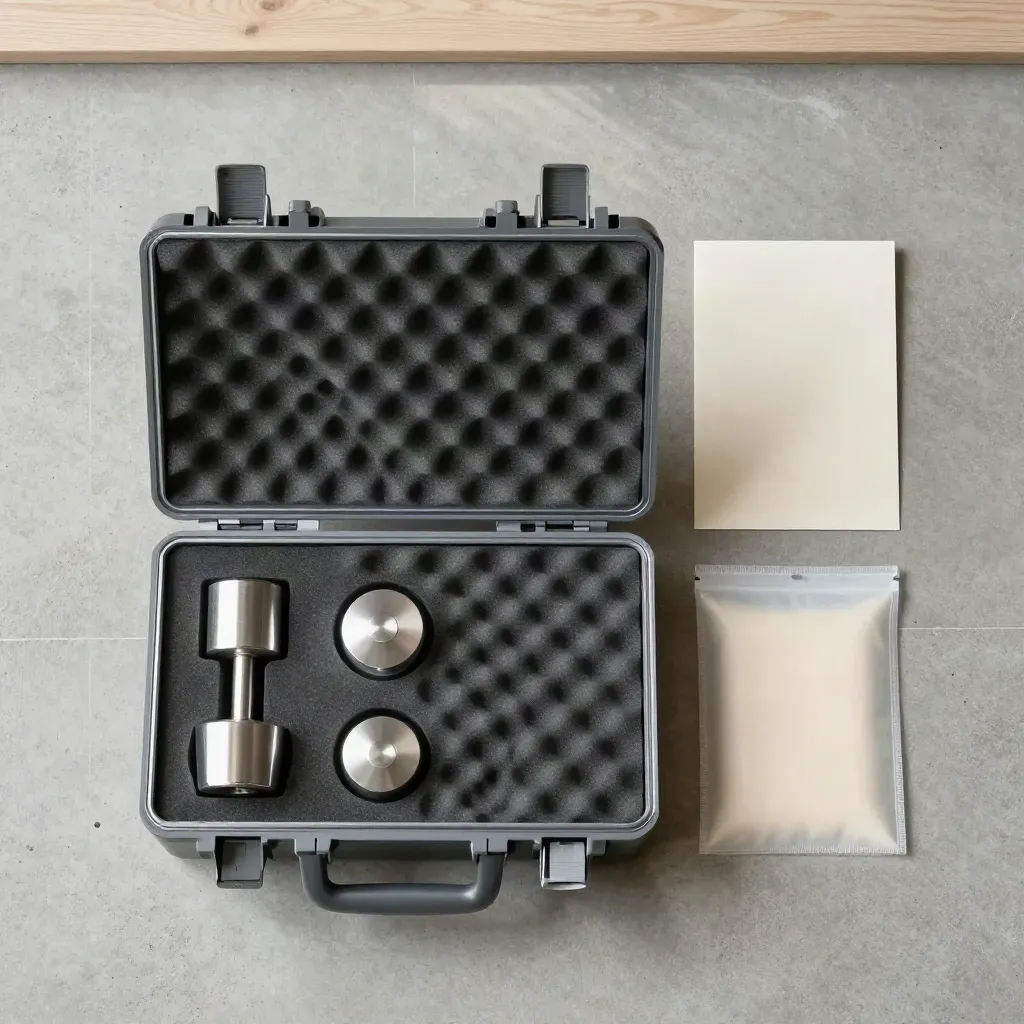Vista cenital de un kit de calibración con maletín, espuma y pesa patrón sobre hormigón gris.