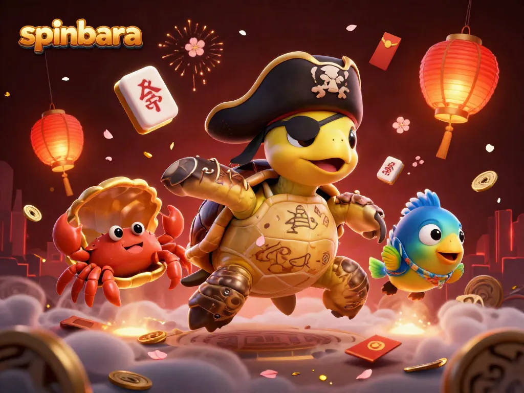 Spinbara’s exciting gambling scene featuring a pirate turtle and vibrant casino elements.