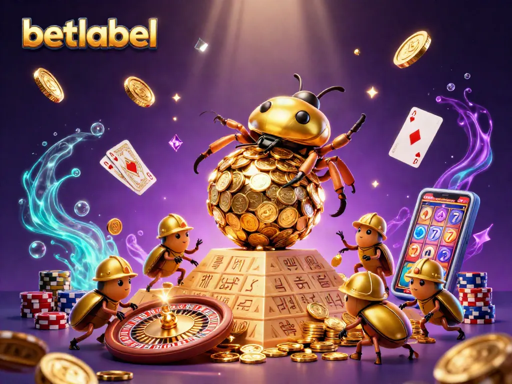 Spin and win at Betlabel with golden beetles and dynamic casino elements in a vibrant scene.
