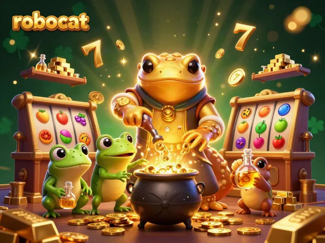 Spin the reels with Robocat in this vibrant casino illustration featuring golden treasures and lively game elements.