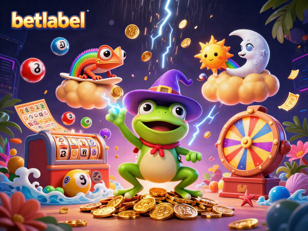 Betlabel casino features a vibrant 3D scene with a wizard frog, chameleon, and dynamic gaming elements.